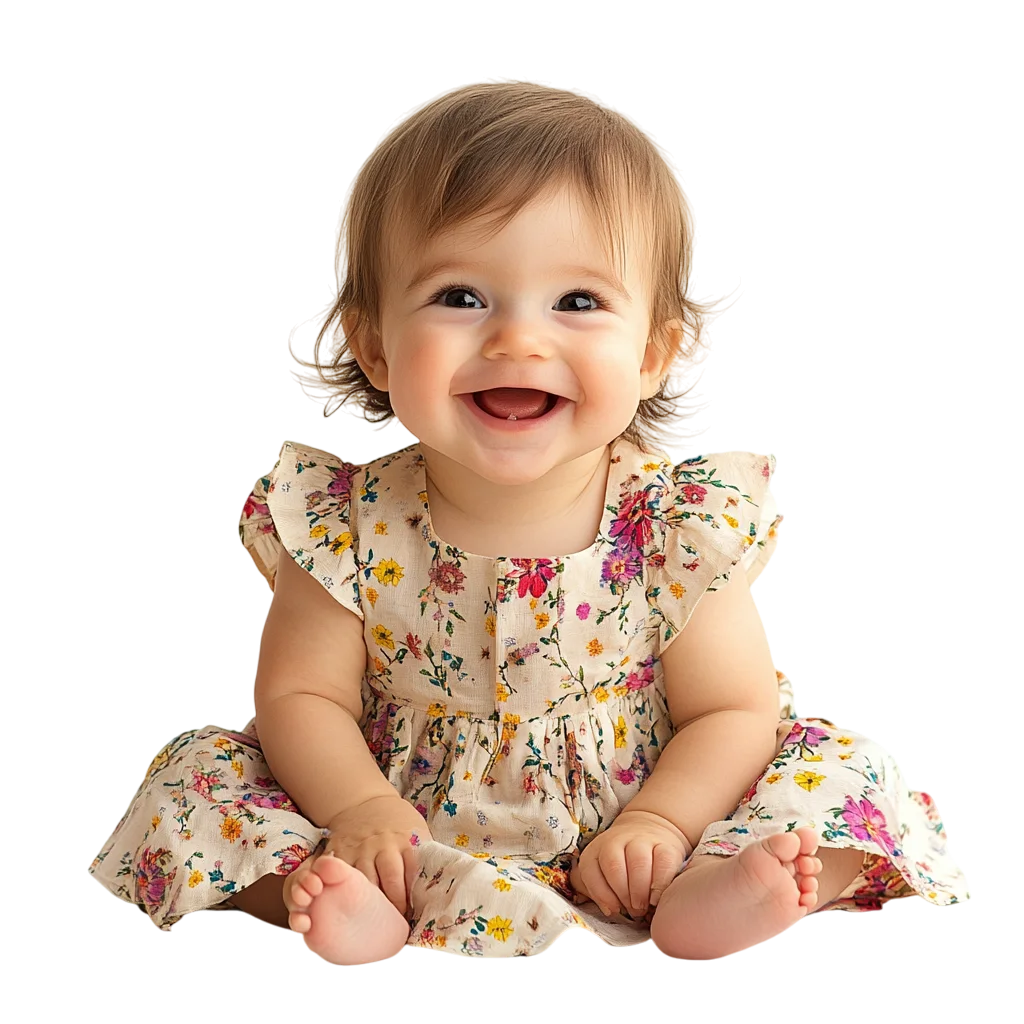 Cute Baby Girl in Floral Dress Sitting Free PNG