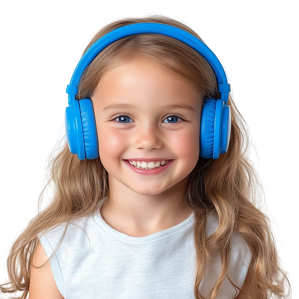 Blonde Little Girl in Blue Headphones Free PNG