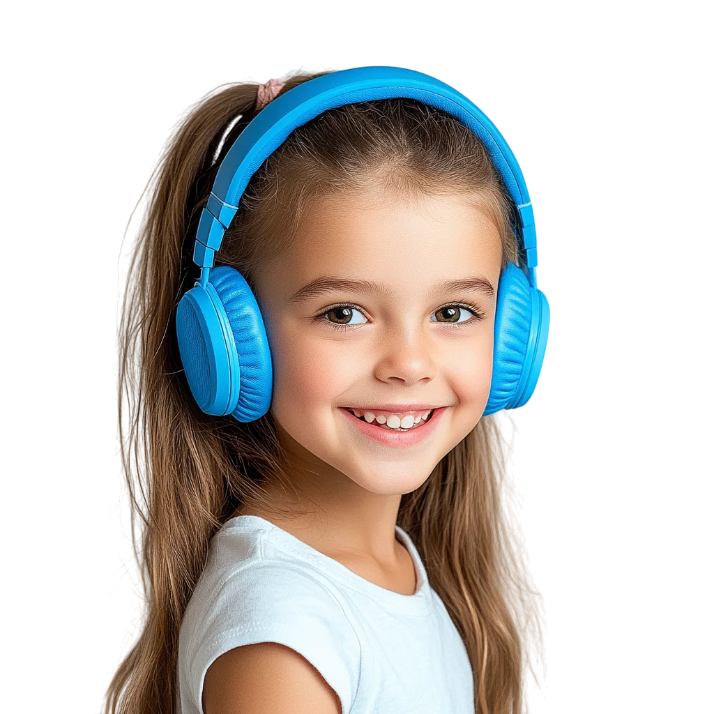 Smiling Little Girl with Blue Headphones Free PNG