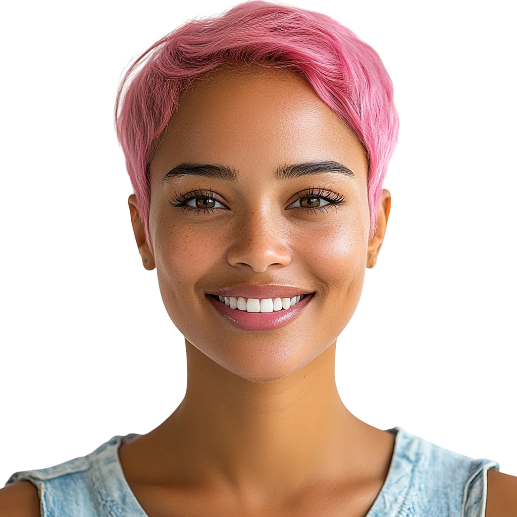 Smiling Woman with Pink Pixie Cut Free PNG Cutout