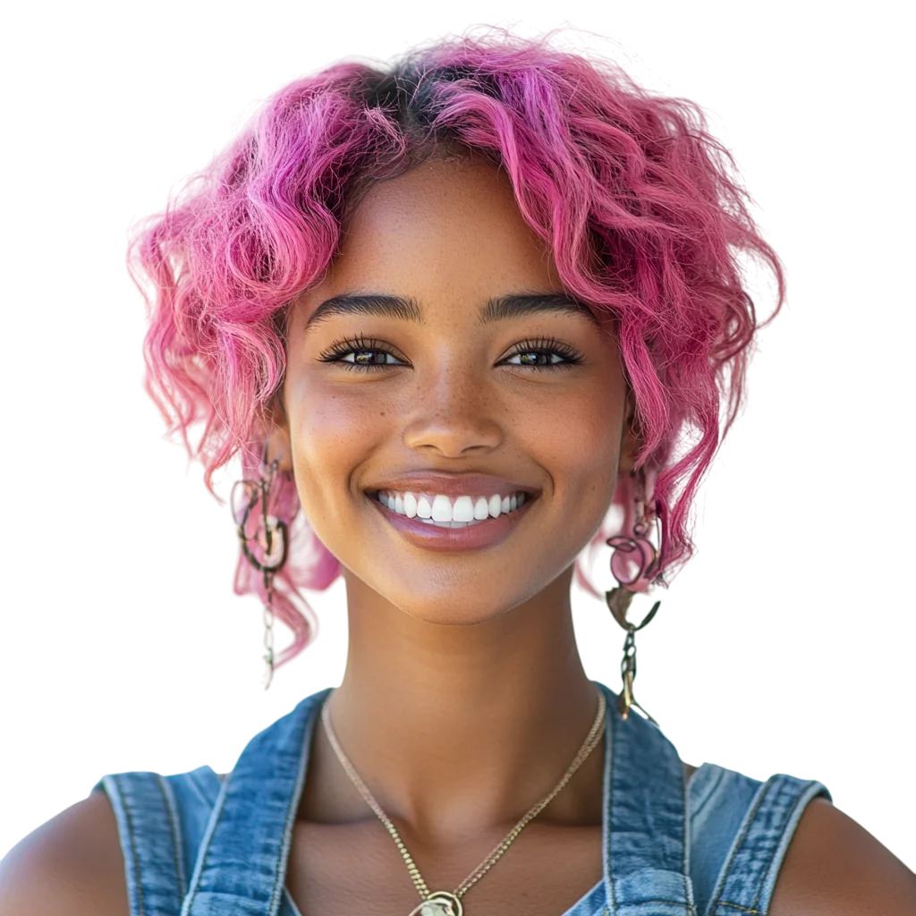 Happy Woman with Dyed Pink Wavy Hair Free PNG