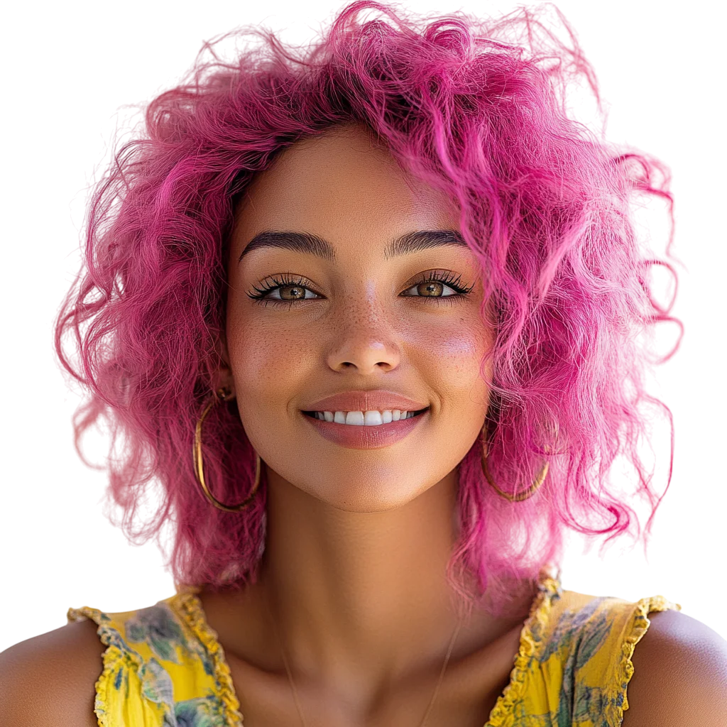 Smiling Woman with Short Bright Pink Hair Free PNG