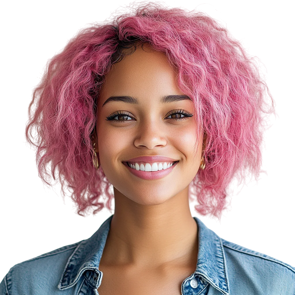 Smiling Woman with Curly Pink Hair Free PNG Cutout