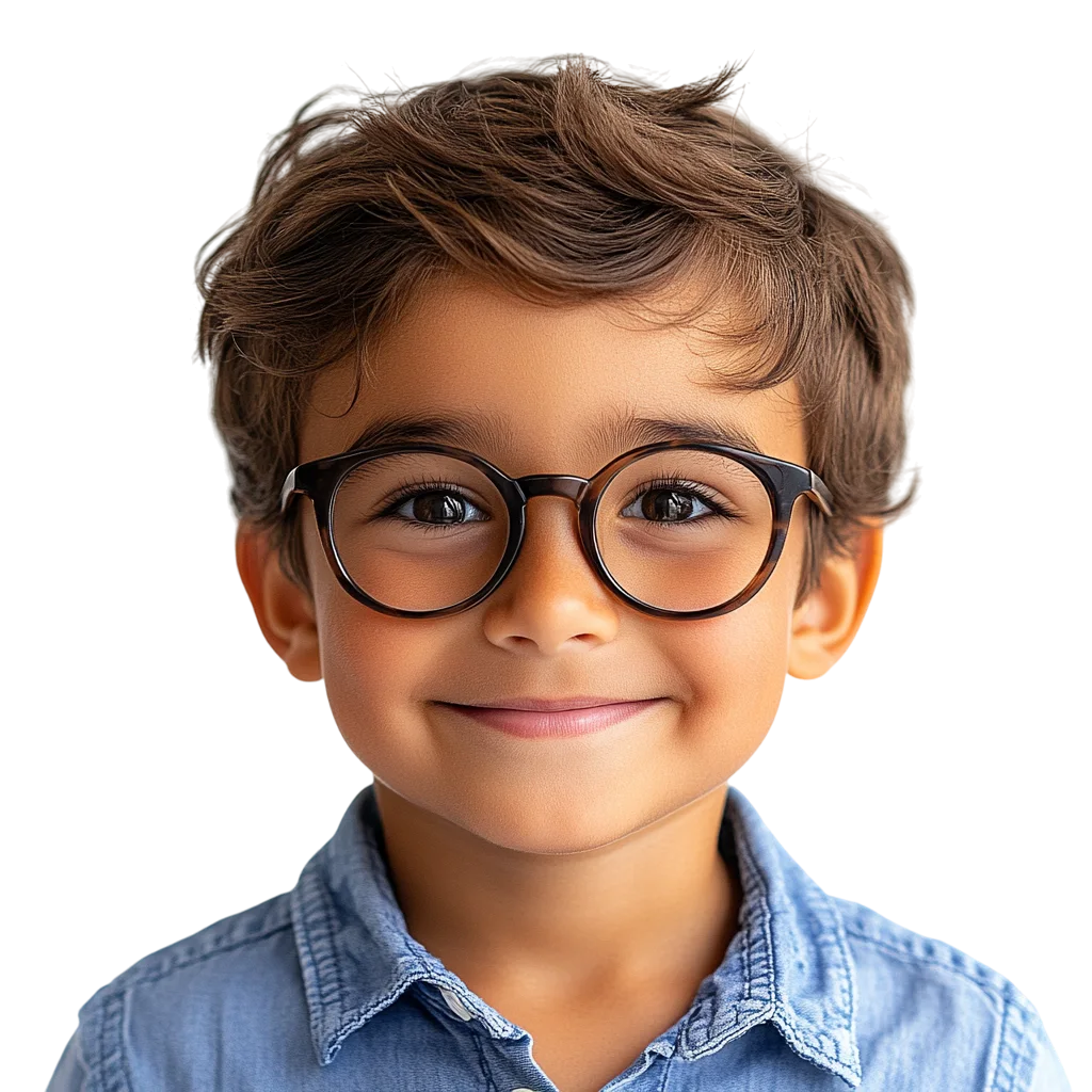 Smiling Boy with Eyeglasses in Denim Shirt Free PNG