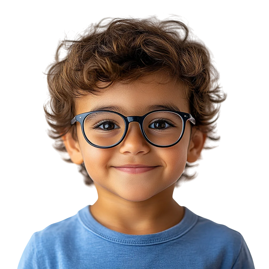 Cute Smiling Boy in Blue Shirt and Glasses Free PNG
