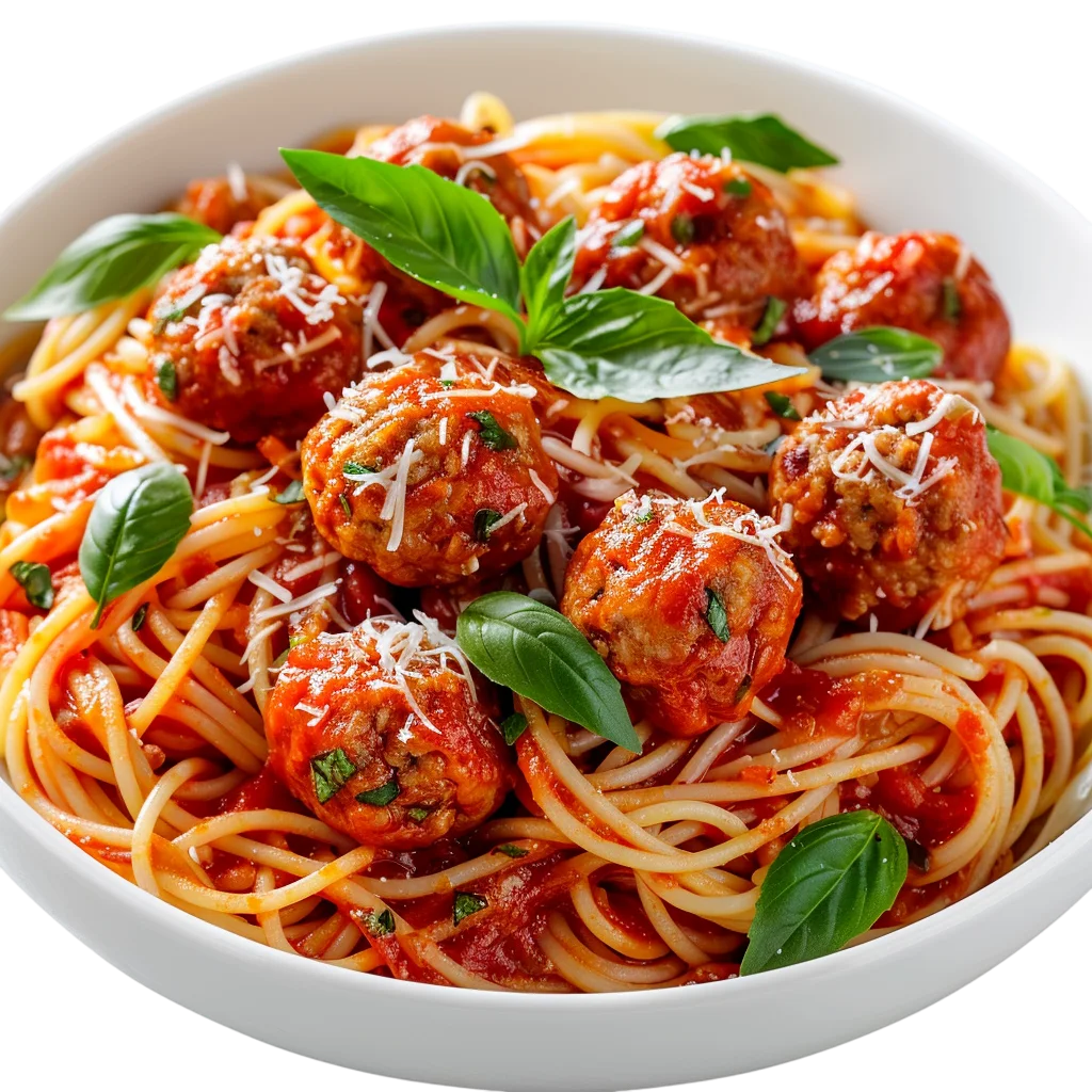 Spaghetti and Meatballs in White Bowl Free PNG