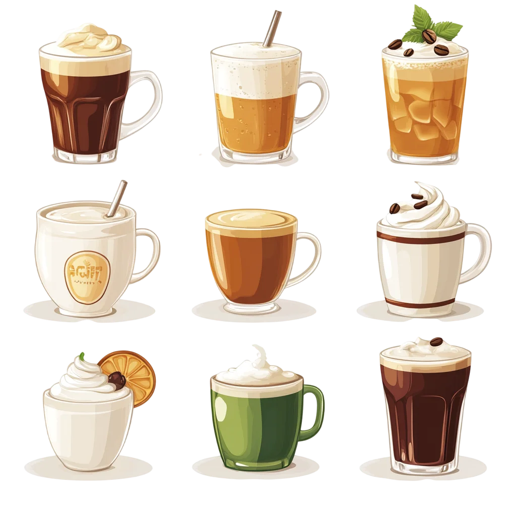 Coffee Drink Varieties and Mugs Collection Free PNG