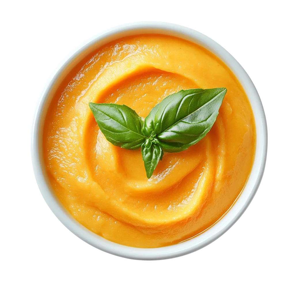 Creamy Pumpkin Soup Puree with Basil Leaves Free PNG