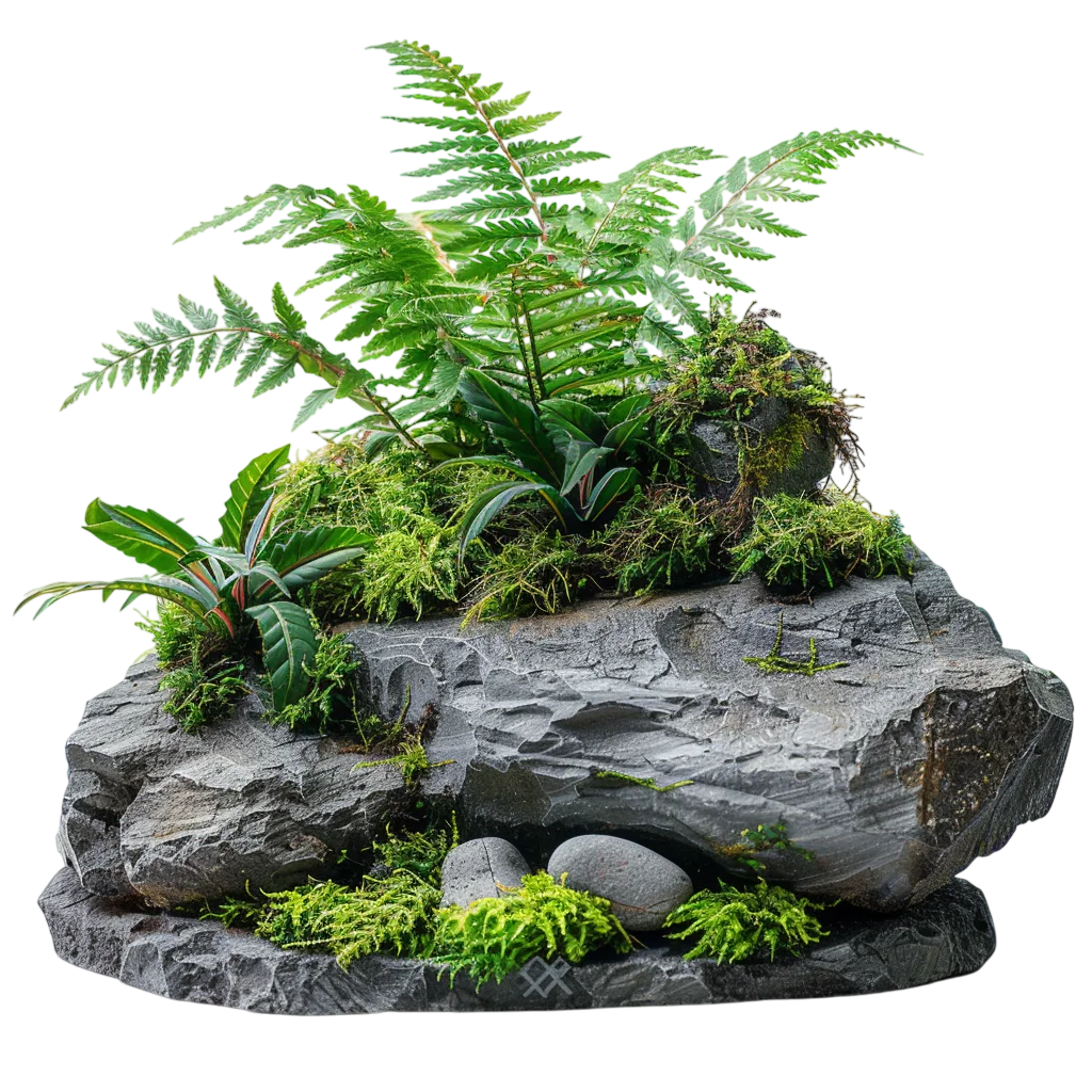 Ferns and Green Moss on Natural Stone Rock Free PNG