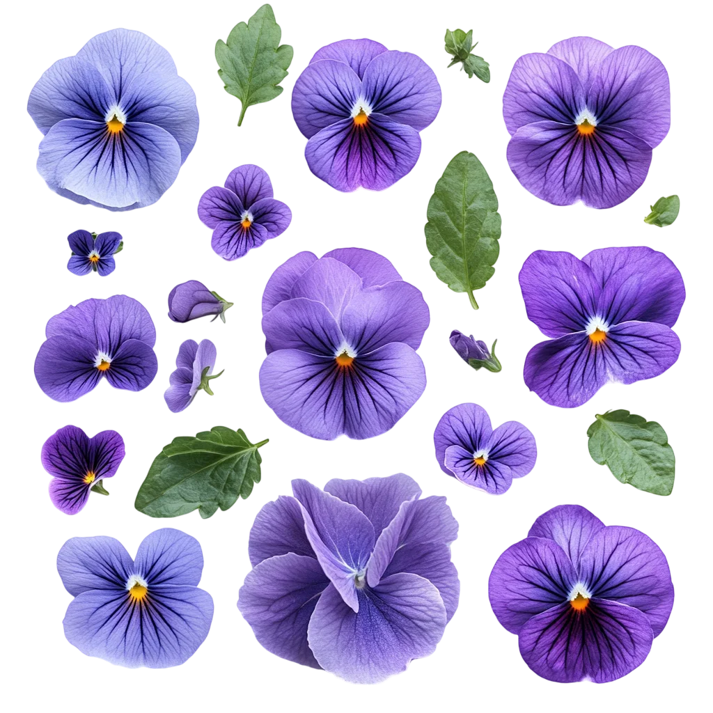 Purple Pansy Flowers and Leaves Set Free PNG