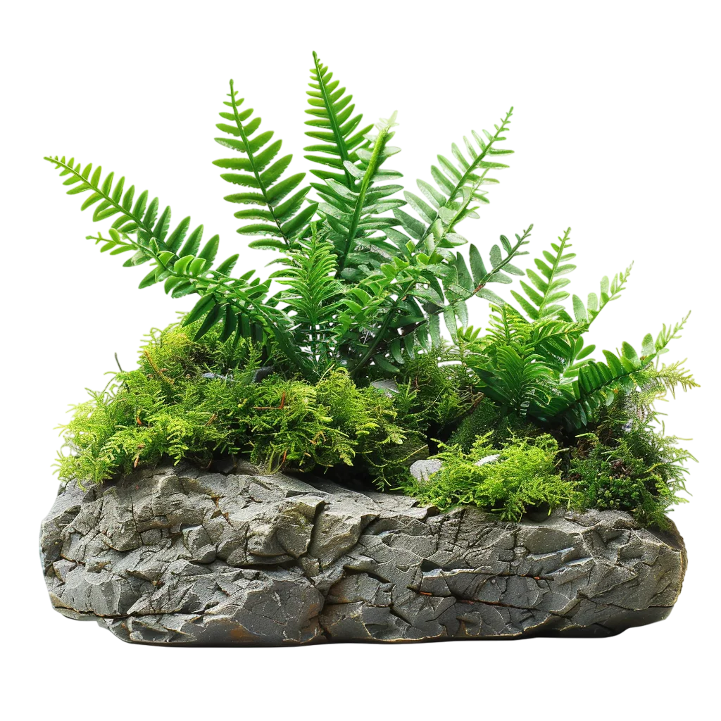 Green Fern Plants Growing on Forest Rock Free PNG