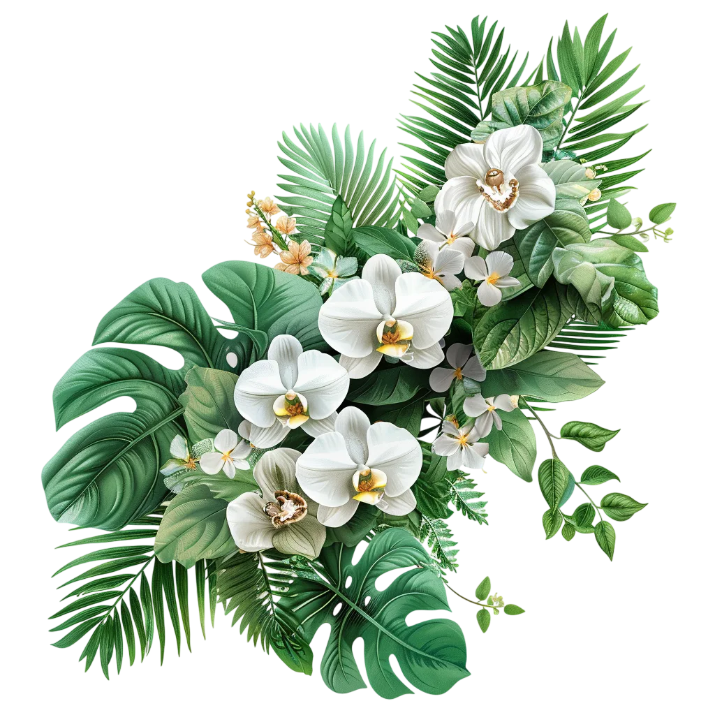 Tropical Palm Fronds and White Orchids Bouquet Free PNG