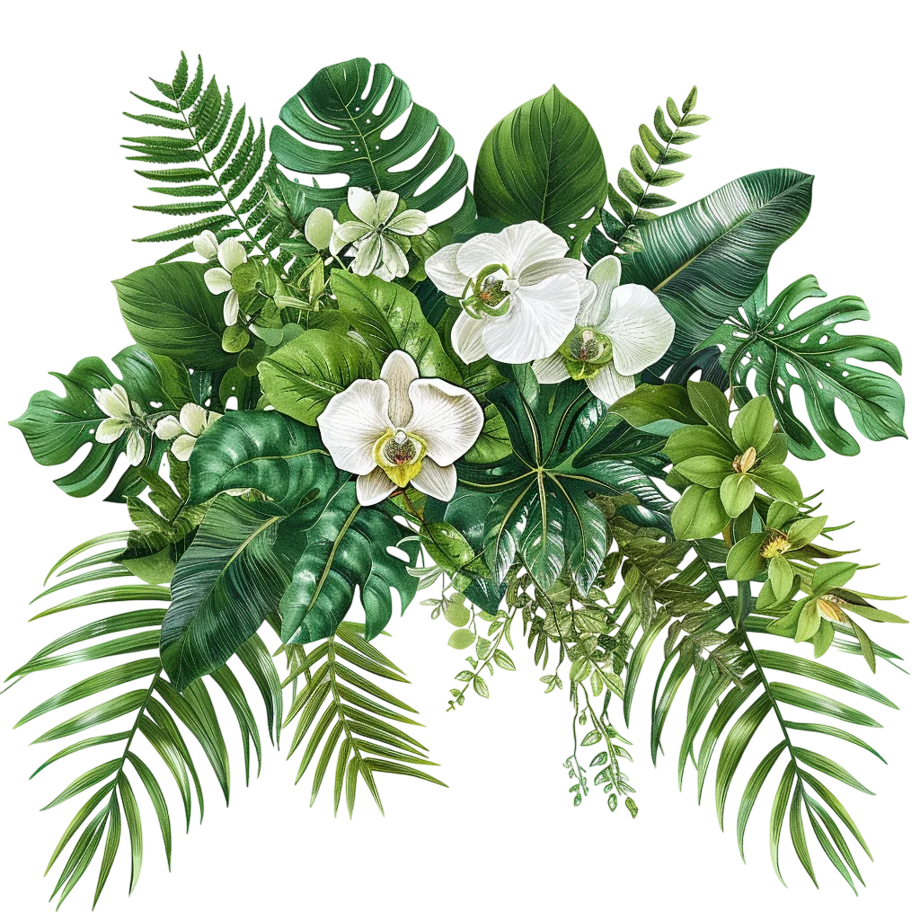 Tropical Orchid Flowers and Palm Leaves Cluster Free PNG