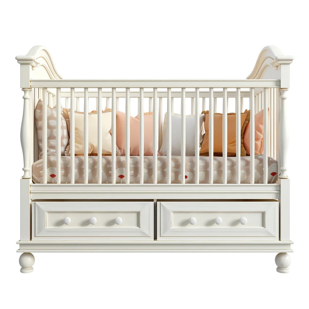White Wooden Baby Crib with Pillows Free PNG