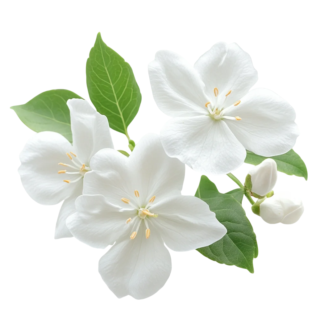 White Jasmine Blossom Cluster with Leaves Free PNG