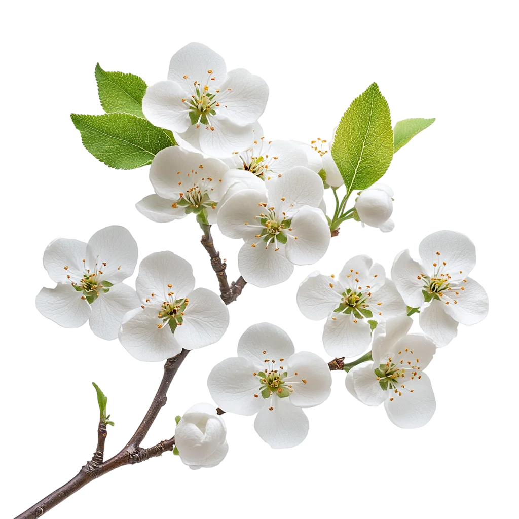 Blooming White Flower Sprig with Green Leaves Free PNG
