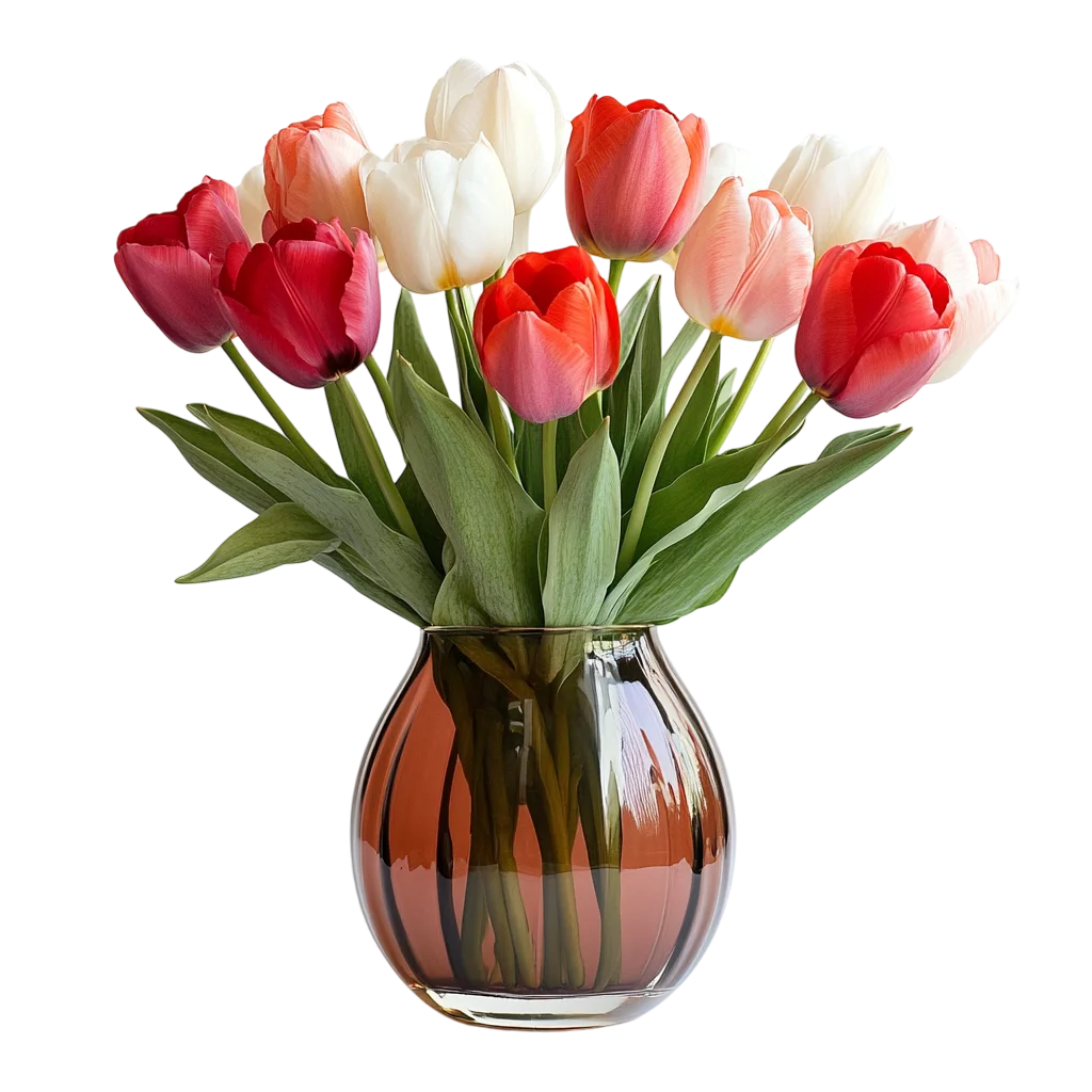 Colorful Tulip Flowers Bouquet in Glass Vase Free PNG