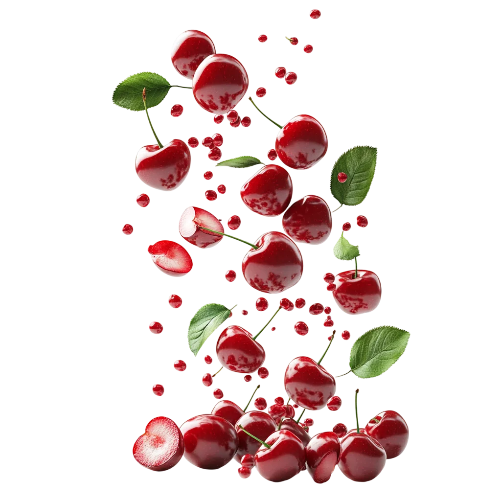 Falling Fresh Cherries with Leaves Splash Free PNG