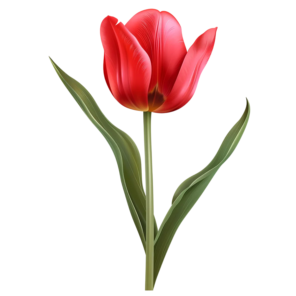 Single Red Tulip Blossom with Green Leaves Free PNG