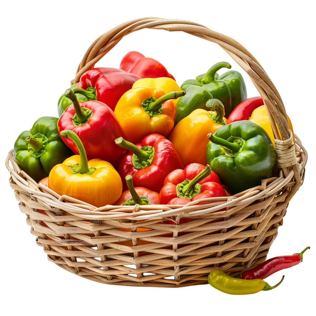 Wicker Basket Full of Bell Peppers and Chilis Free PNG