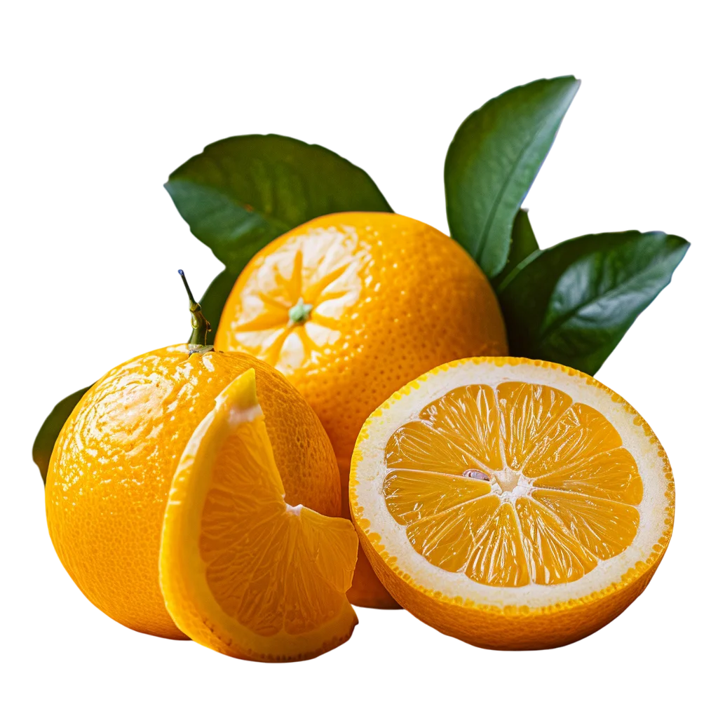 Fresh Oranges Whole and Sliced with Leaves Free PNG