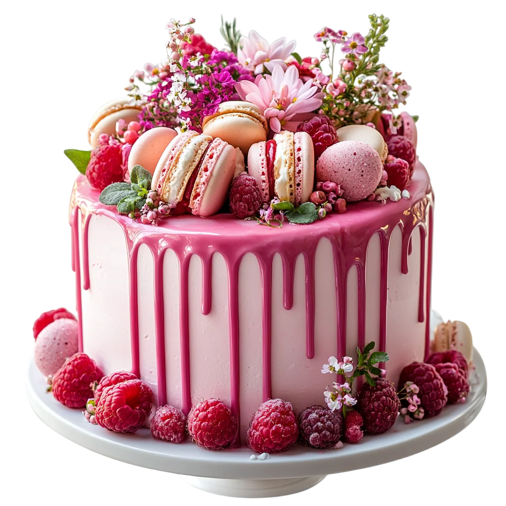 Pink Drip Birthday Cake with Macarons Free PNG