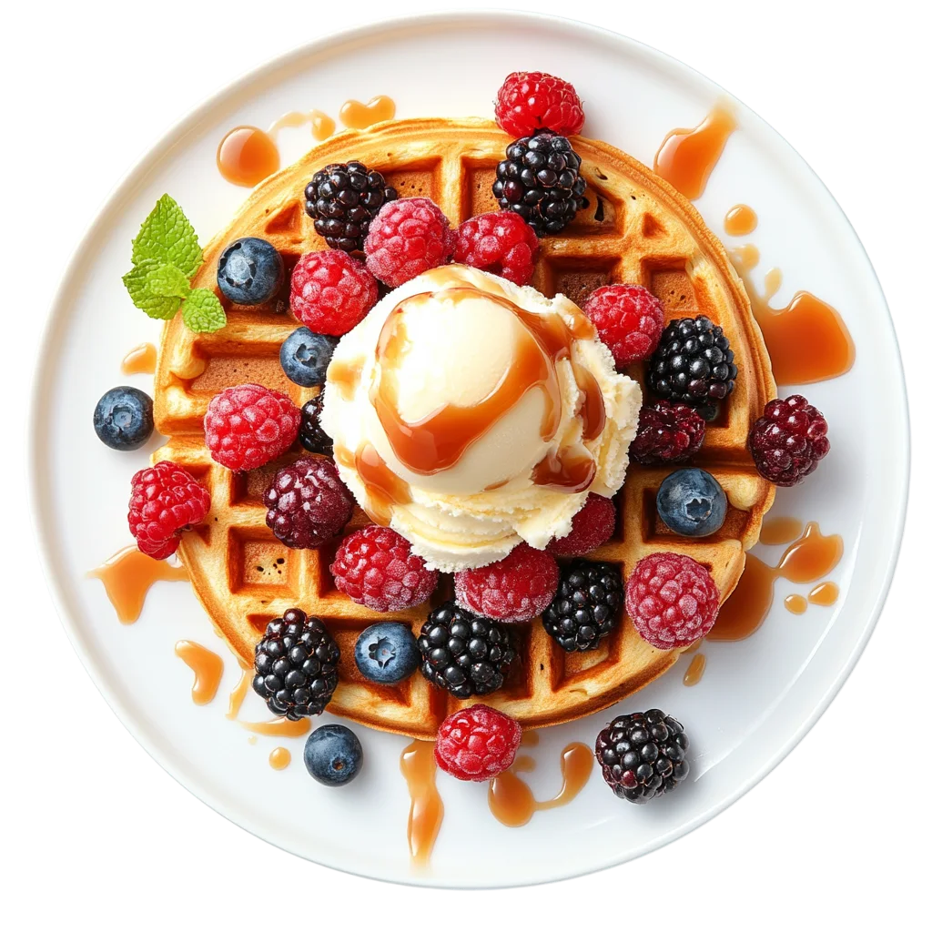 Belgian Waffle with Ice Cream and Berries Free PNG