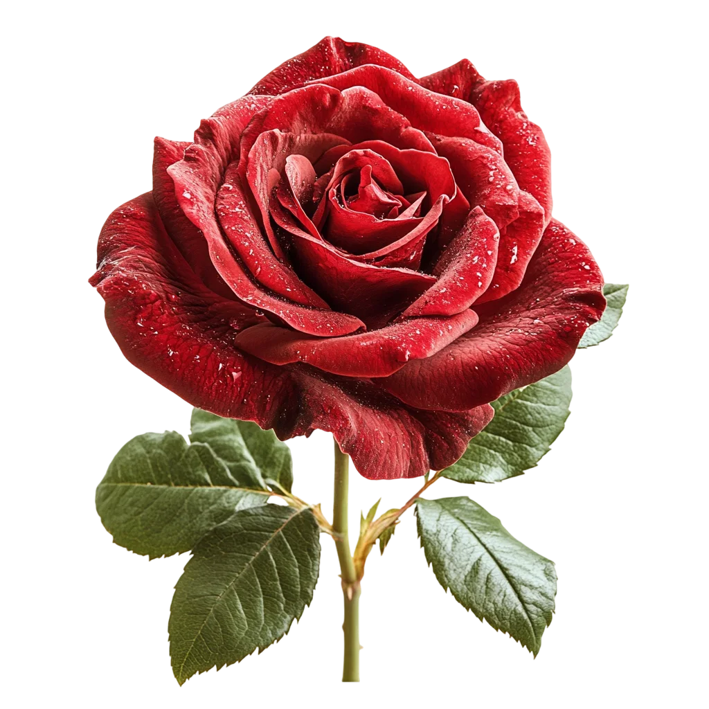 Fresh Blooming Red Rose with Green Leaves Free PNG