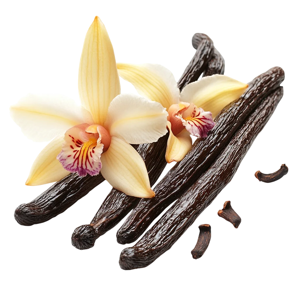 Natural Vanilla Beans with Yellow Orchid Flower Free PNG