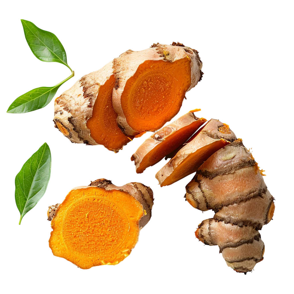 Fresh Raw Turmeric Roots with Slices and Leaf Free PNG