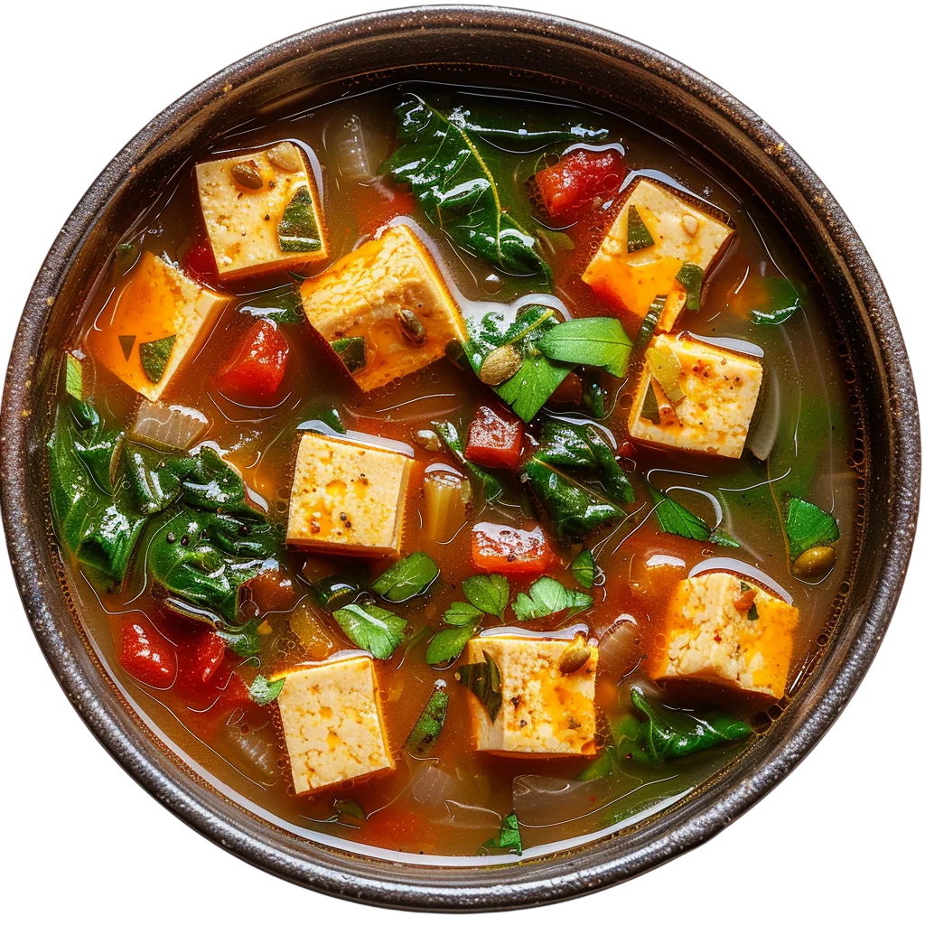 Savory Tofu Vegetable Stew in Dark Bowl Free PNG