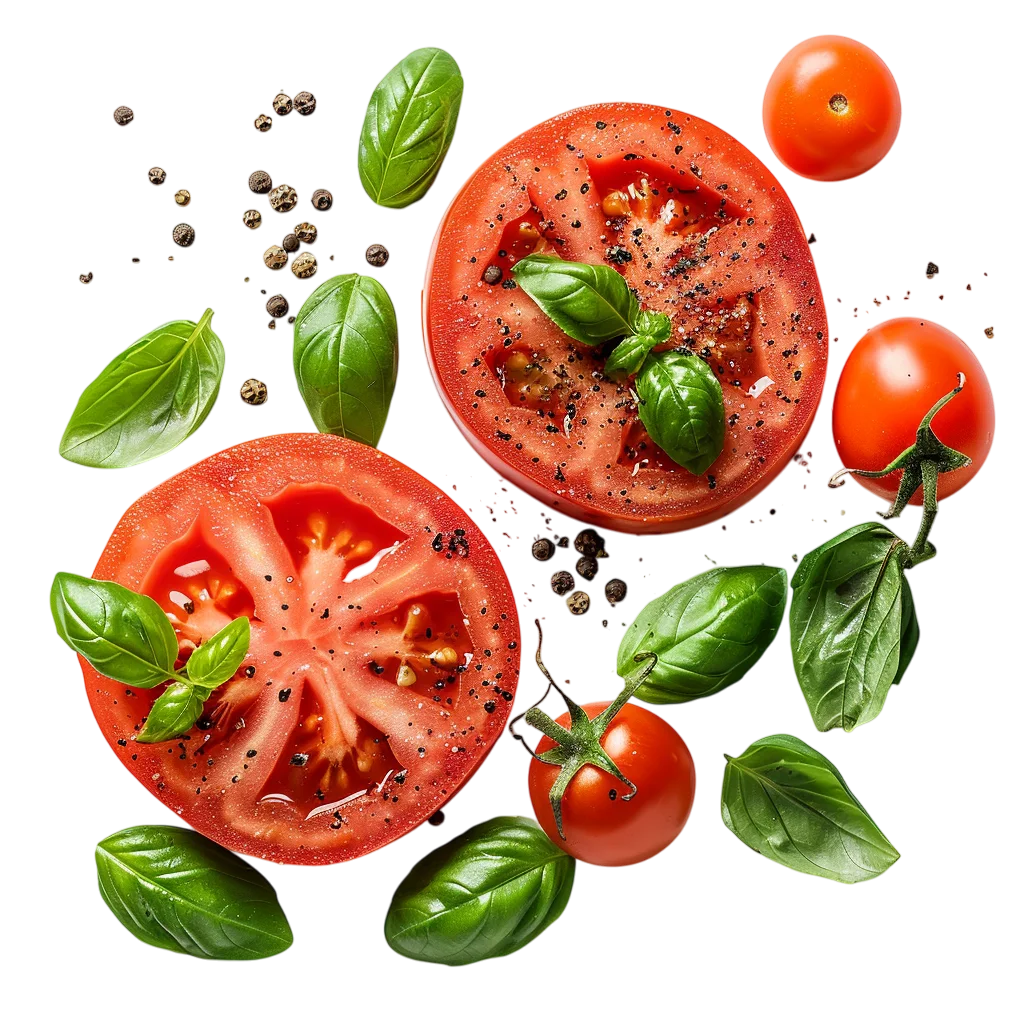 Ripe Red Tomato Slices and Basil Leaves Free PNG