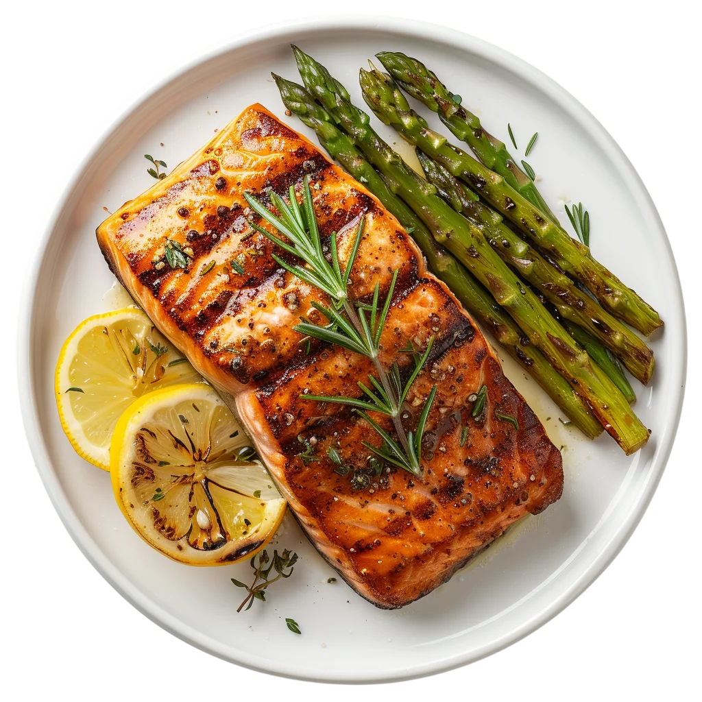 Grilled Salmon with Charred Asparagus and Lemon Free PNG