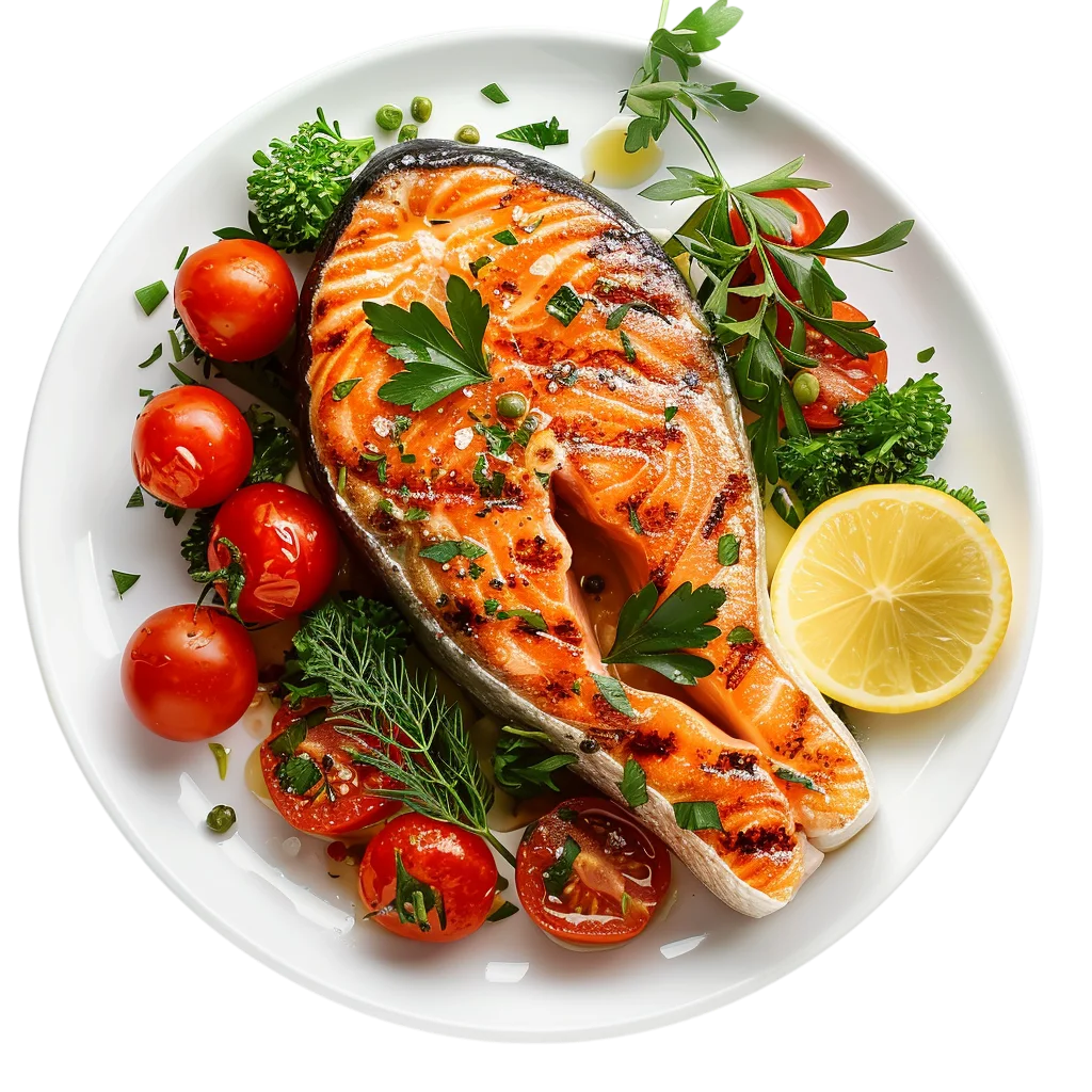 Plated Salmon Steak with Tomatoes and Lemon Free PNG