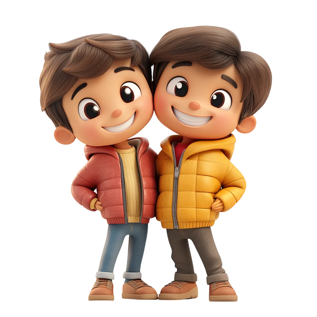 Cute 3D Cartoon Twins Brothers Standing Free PNG