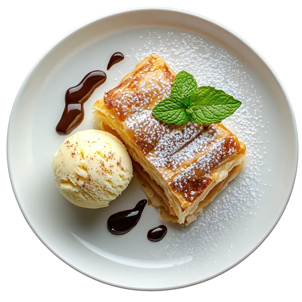 Plated Apple Strudel Dessert with Ice Cream Free PNG
