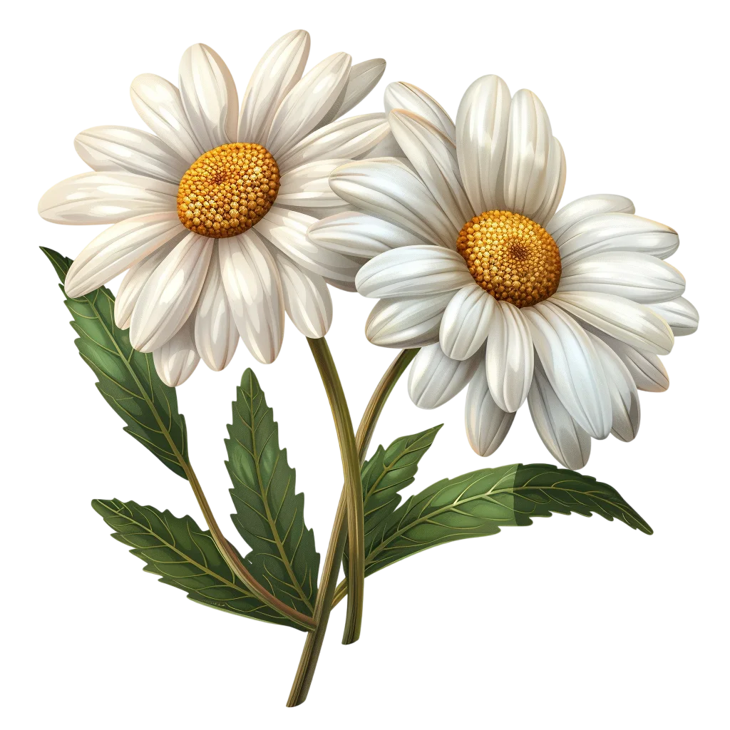 Pair of White Daisy Flowers on Green Stems Free PNG