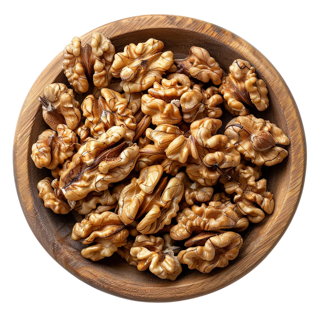 Raw Walnut Kernels in Rustic Wood Bowl Free PNG