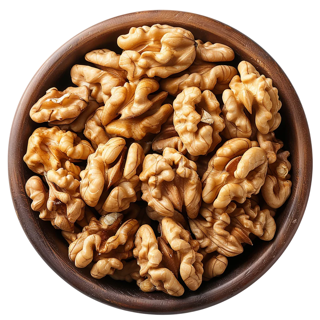 Shelled Walnut Halves in Wooden Bowl Free PNG Cutout