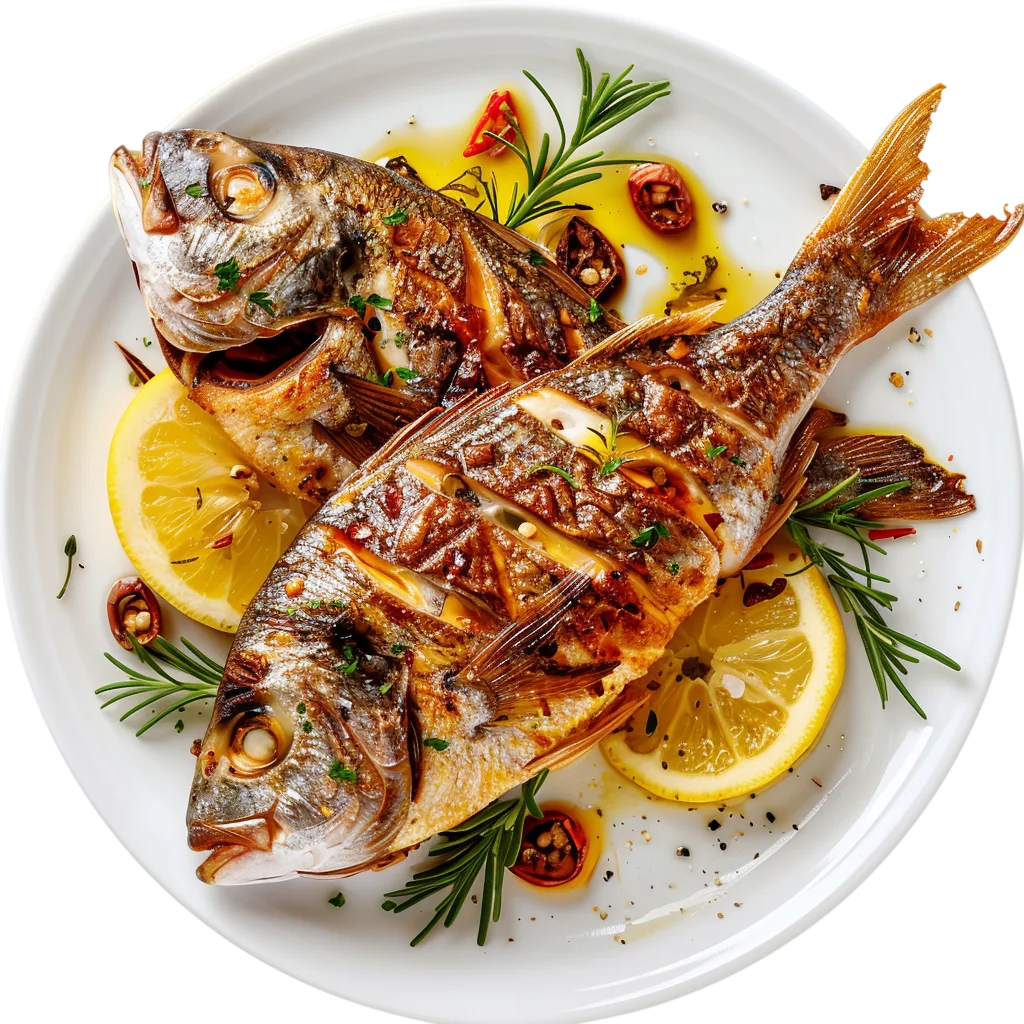 Plated Grilled Fish with Lemon Garnish Free PNG Food