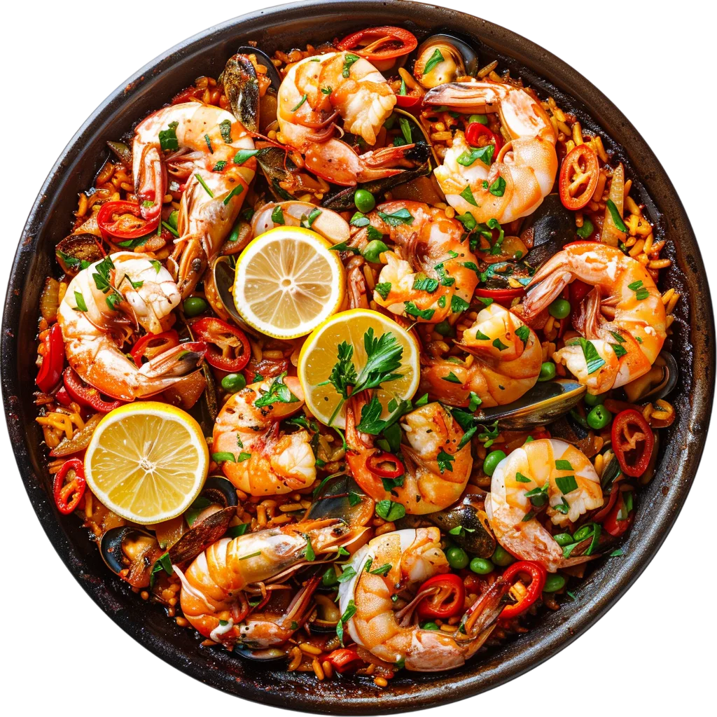 Pan of Shrimp Paella with Lemon Slices Free PNG