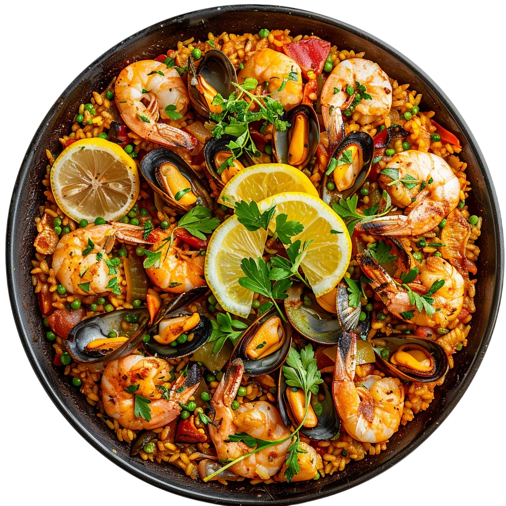 Seafood Paella Pan with Shrimp and Lemon Free PNG