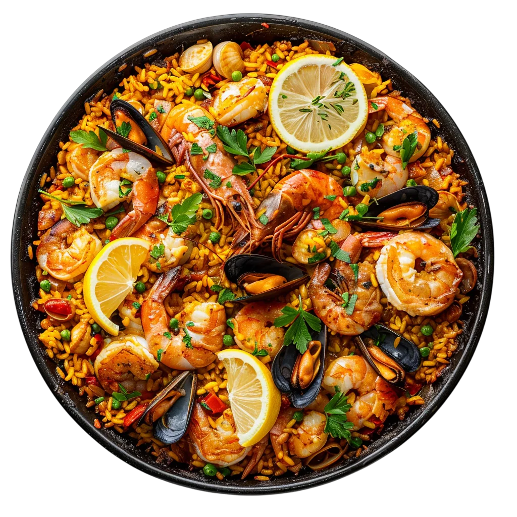 Spanish Seafood Paella Skillet with Lemon Free PNG
