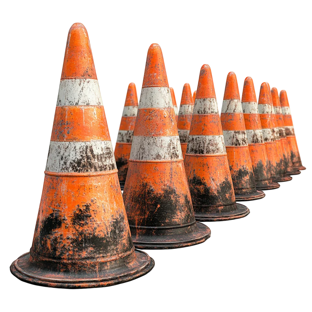 Row of Weathered Orange Traffic Cones Free PNG
