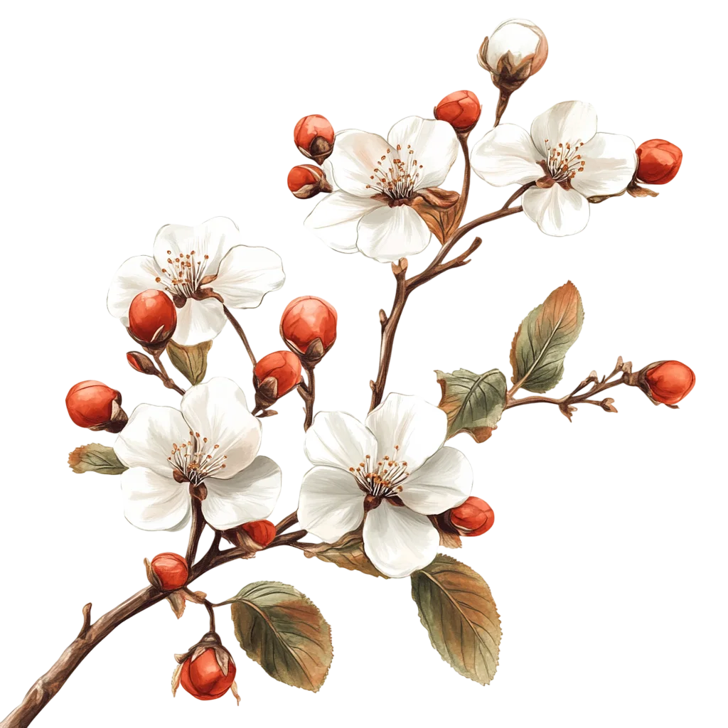 Delicate Tree Branch with Flowers and Berries Free PNG