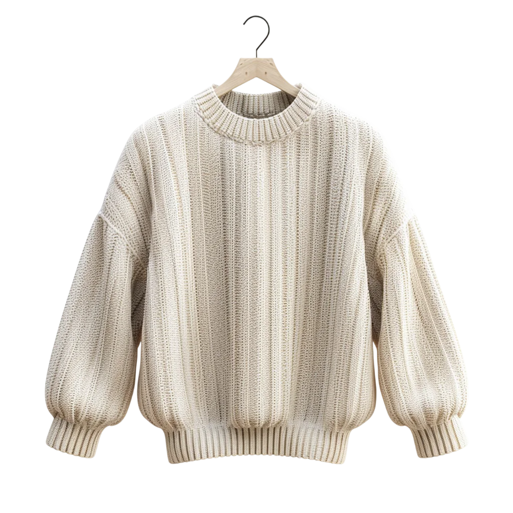 Cream Ribbed Knit Pullover Sweater Free PNG