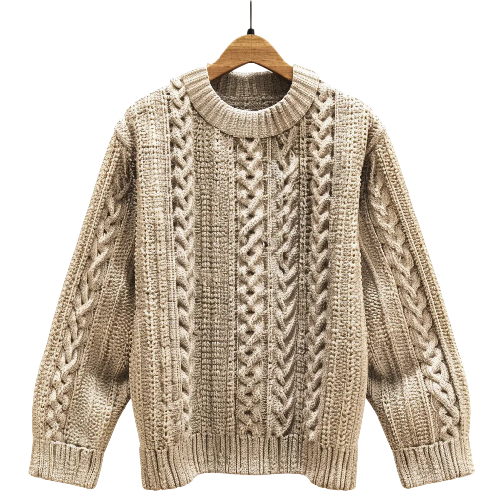 Beige Cable Knit Sweater on Hanger Free PNG