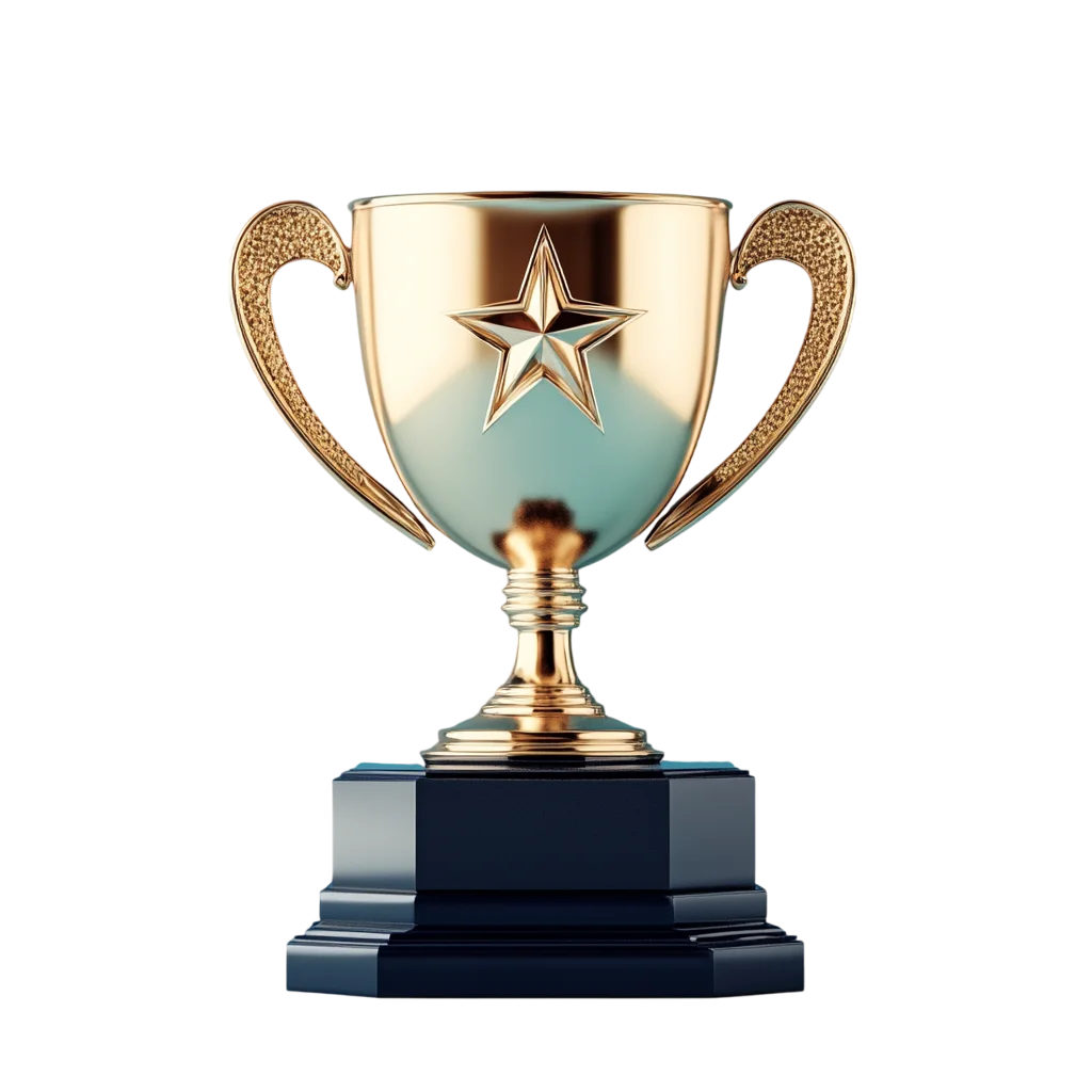 Gold and Teal Champion Trophy Cup on Black Base Free PNG
