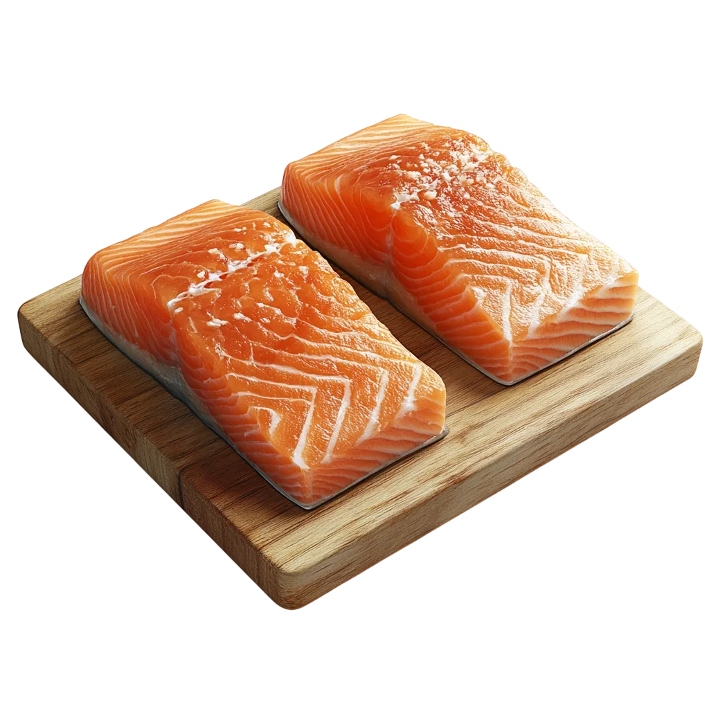Fresh Raw Salmon Steaks on Wooden Plank Free PNG