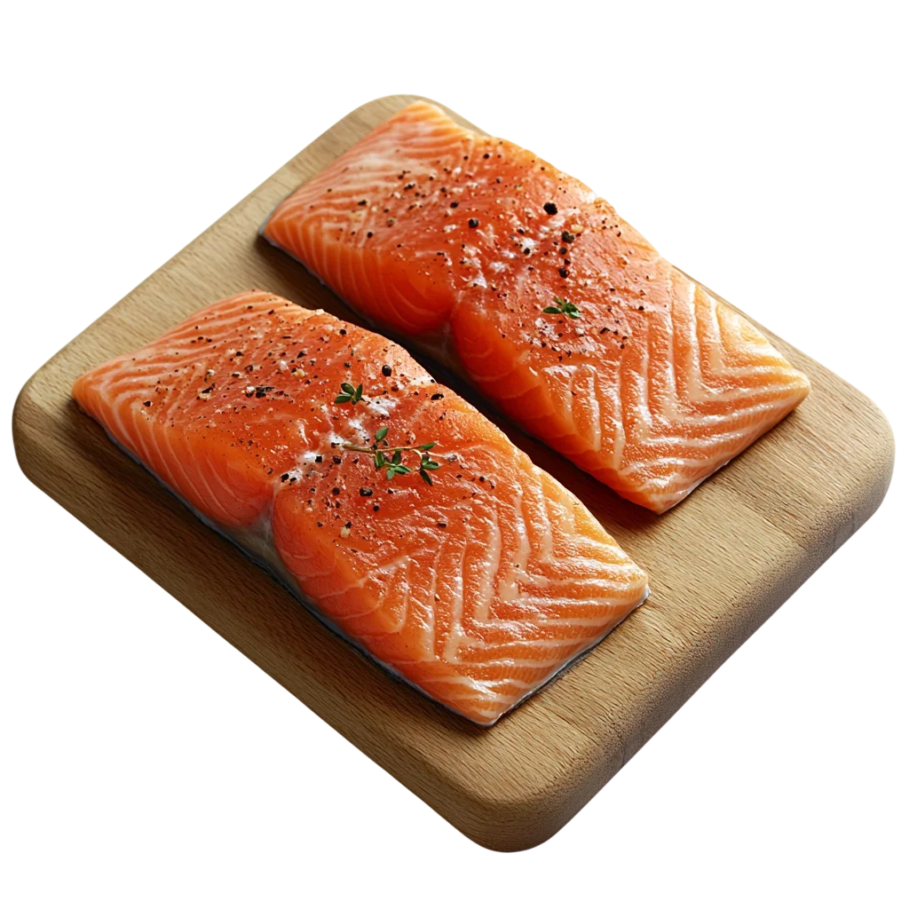 Raw Salmon Fillet Portions on Wood Board Free PNG